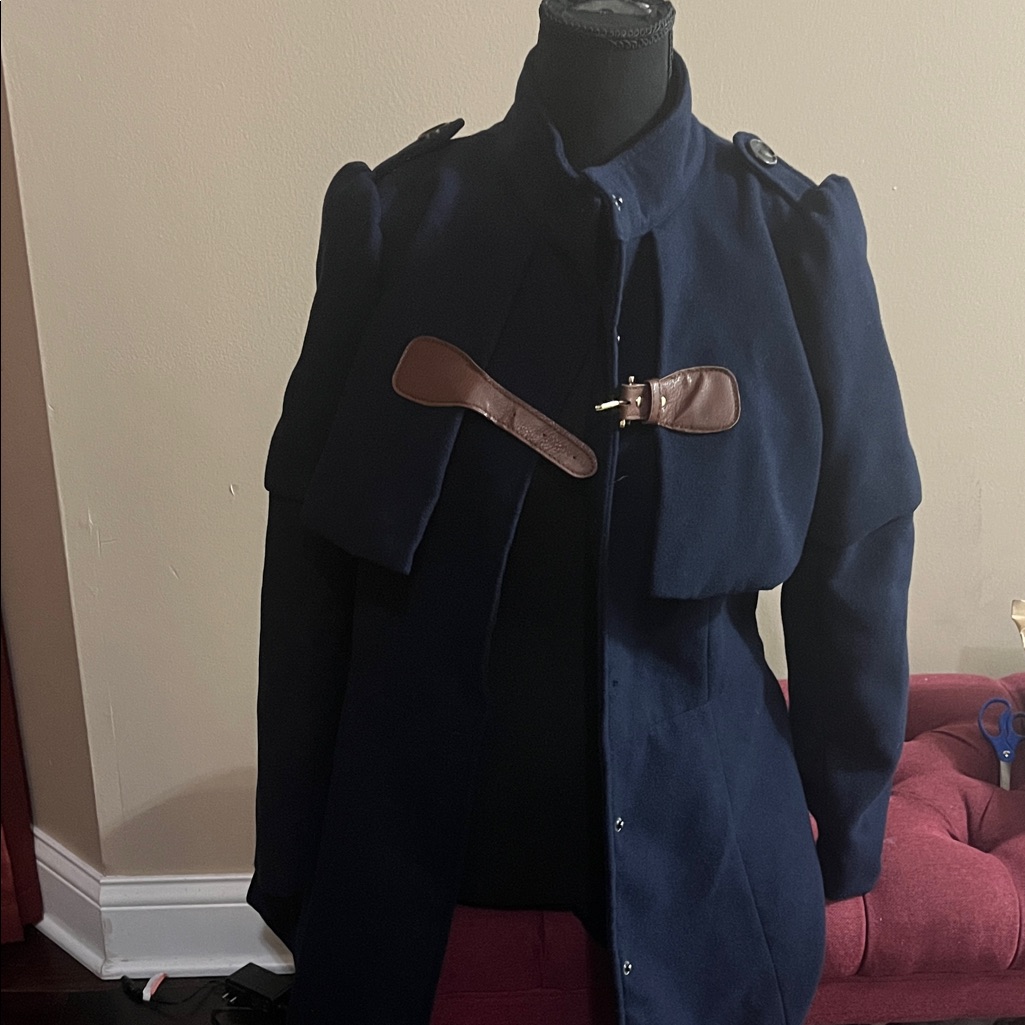 Allegra K Navy Pea Coat With Brown Accents